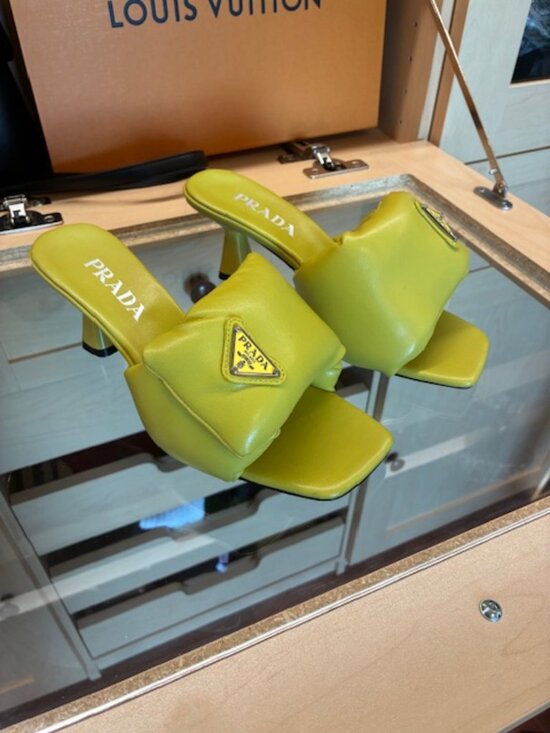 Prada Shoes - Prada Yellowish Enameled Metal Triangle Leather Size 37 Slides